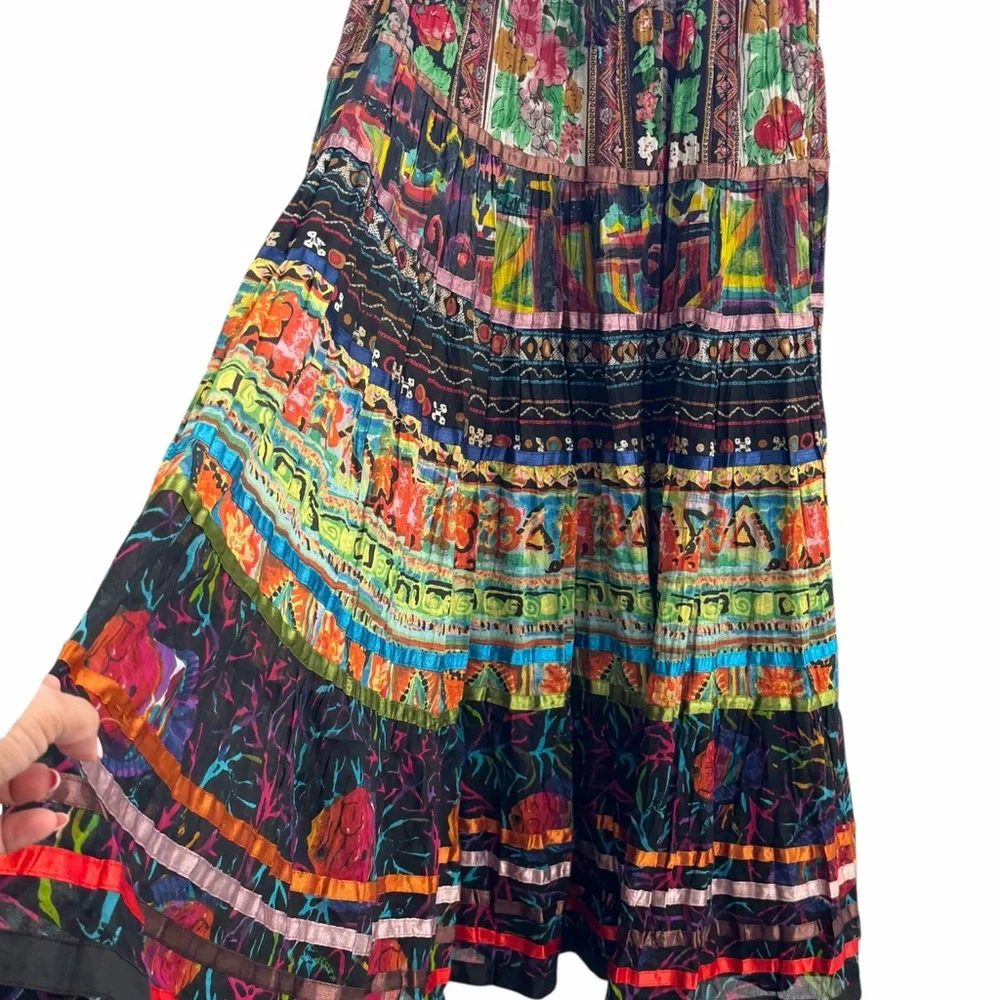 Boho Multicolor Tiered Maxi Skirt TravelSmith Festival Cottagecore Cotton Small - Picture 3 of 6